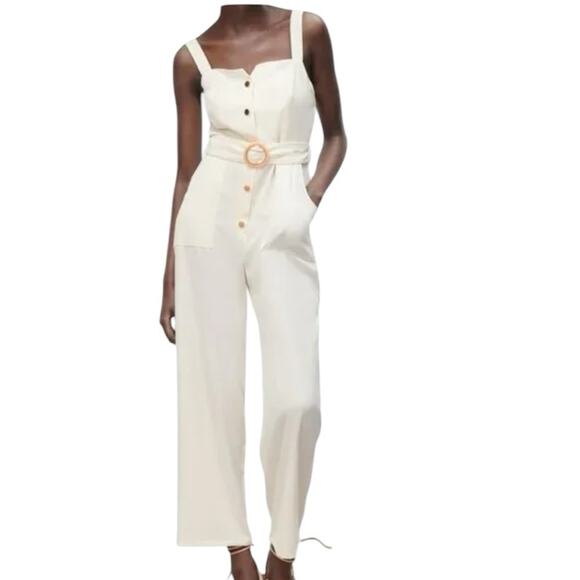 Zara Womens Cream Sleeveless Jumpsuit With Belt & Button Detail Size L - Picture 1 of 16